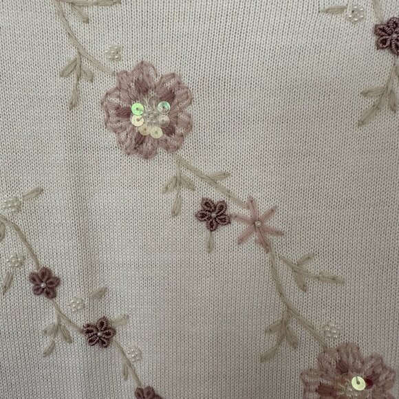 NWT Floral Embroidered Beaded Sweater Women XL Cottagecore Alfred Dunner Ivory - Picture 2 of 8